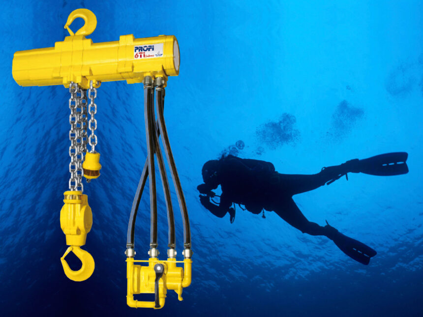 A Profi 6Ti hoist from the J D Neuhaus range, purpose designed for subsea operation and shown equipped with diver friendly control valve