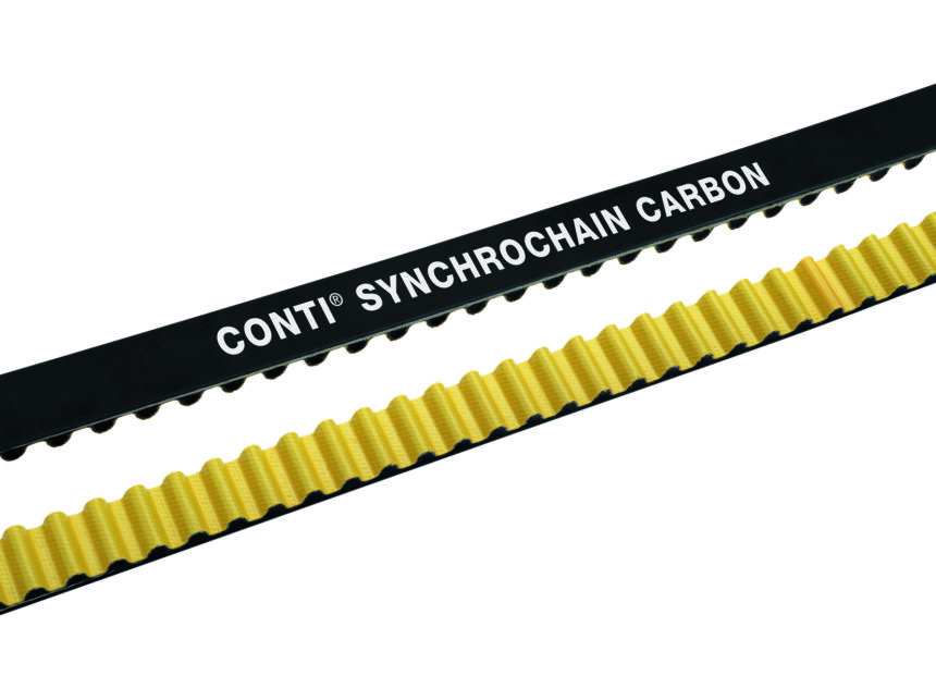 The new CONTI SYNCHROCHAIN CARBON polyurethane high-performance timing belt with carbon tensile member enables efficient drive solutions. In addition, a rubber high-performance timing belt with carbon tensile member is available. Photo: ContiTech