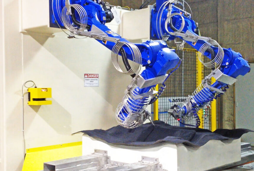 Alliance Automation’s robotic waterjet system features dual wall-mounted robots and a sturdy frame ensure consistent tight part tolerances. Photo: Alliance Automation, LLC