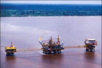 Oil platform in the hot, humid environment of a river mouth in Riau, Sumatra, Indonesia
