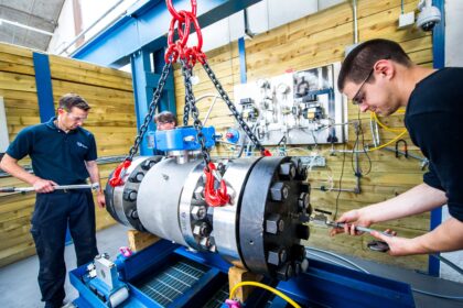 A 10” Phase valve being set up for high pressure testing