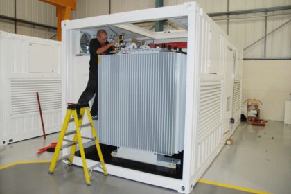 Inside the container sit various components such as the input isolators, cooling fans and extraction, voltage tap selection and medium/low voltage switchgear arrangement.