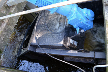 The Archimedes screw pump is powered, through a variable speed drive, by a 5.5kW motor