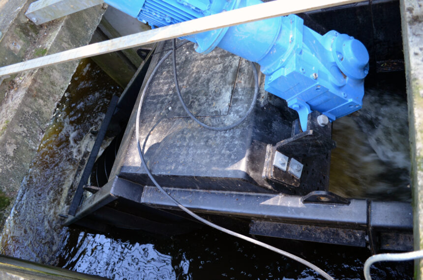The Archimedes screw pump is powered, through a variable speed drive, by a 5.5kW motor