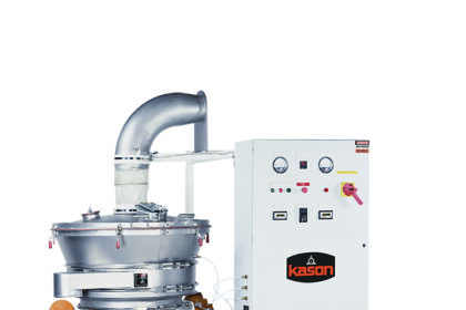 Kason's fluid bed agglomerating system combines a vibrating circular fluid bed processor with integral agglomeration spray system, air heater, blower, and controller on a castor-mounted support stand