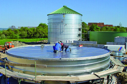Lipp Universal Digester stainless steel membrane roof under construction