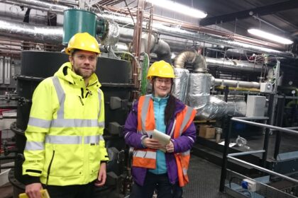 Dr Stuart Gilfillan and Dr Stephanie Flude, of the University of Edinburgh's School of GeoSciences, collect CO2 samples at a pilot facility