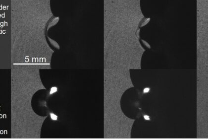 Eight frames from a prototyping shot using the laser backlit SIMX16 camera. A 6 km/s projectile from a gas gun impacts on a plastic cube with a 5 mm cylinder drilled out. The planar shock is seen to form a jet like structure as it propogates across the cylinder. Upon hitting the rear surface a small volume of gas is compressed and ionised causing light to be emitted