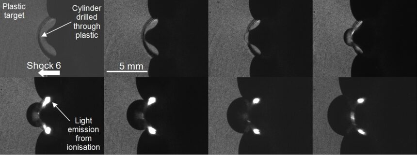 Eight frames from a prototyping shot using the laser backlit SIMX16 camera. A 6 km/s projectile from a gas gun impacts on a plastic cube with a 5 mm cylinder drilled out. The planar shock is seen to form a jet like structure as it propogates across the cylinder. Upon hitting the rear surface a small volume of gas is compressed and ionised causing light to be emitted