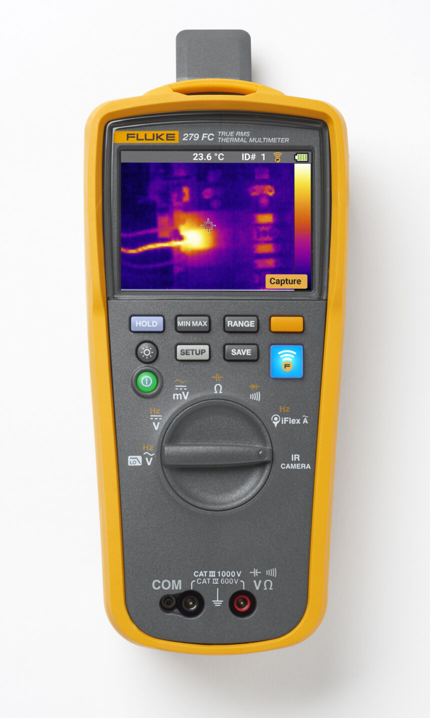 The Fluke 279 FC Thermal Multimeter is a hybrid device which combines a fully-featured digital multimeter with a thermal camera