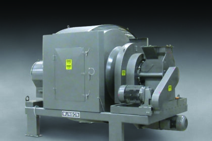 A new Model 700-THX-50-ARI Rotary Batch Mixer from Munson Machinery mixes concrete, premix, mortar mix, glass/cullet, fibreglass, refractories, tungsten powder, ceramics and other abrasives in one to three minutes with minimised abrasive wear or product degradation