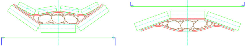 Fig.2. To-scale depiction of the sandwich cross-section with 350mm primary crushed rock. On the left is the section along a straight incline and on the right is the section along the transition curve