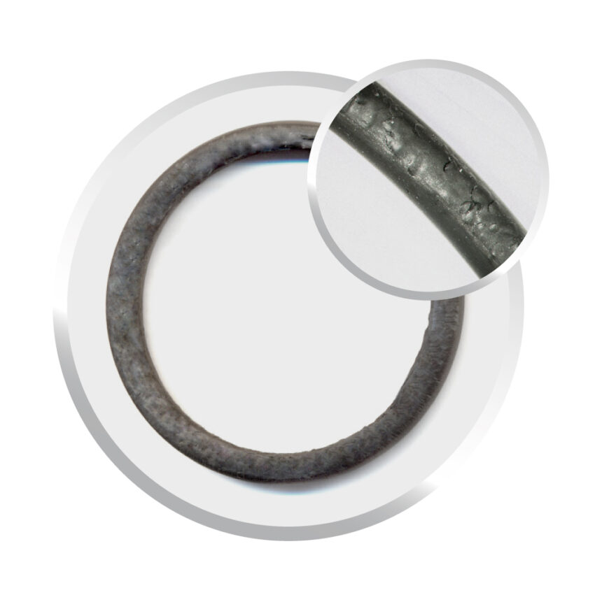 A damaged O-ring caused by explosive decompression