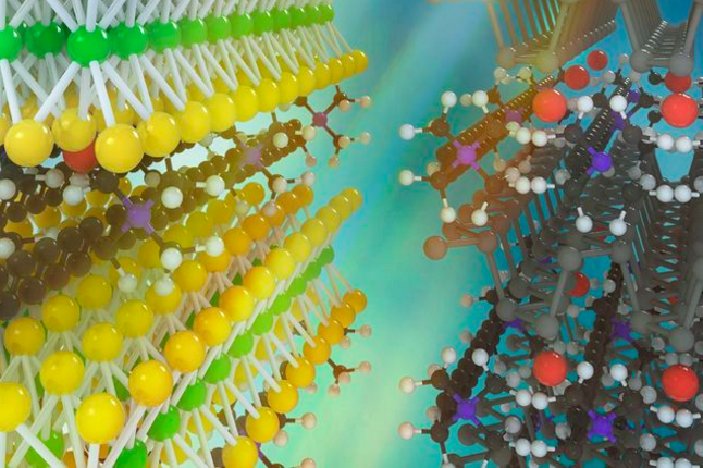 An artist's concept showing left, molybdenum disulfide with layers of ammonium molecules and right, black phosphorus with layers of ammonium molecules