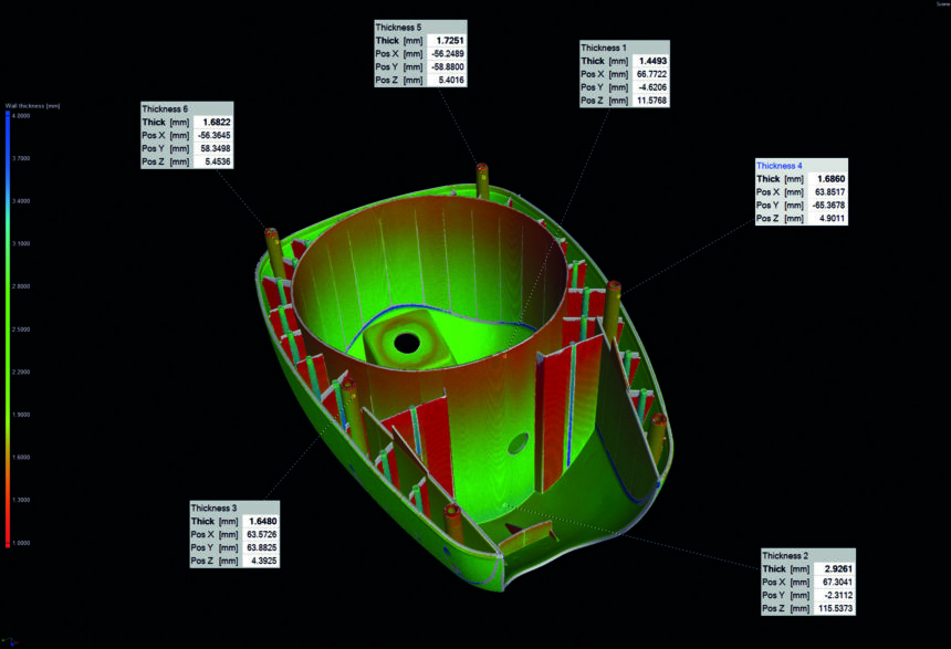 Visual reports include wall thickness, dimensional inspection results and void analysis of the plastic light cover