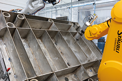 The sensor is mounted to a robot and effector and measures the profile of welded joints and planar surfaces