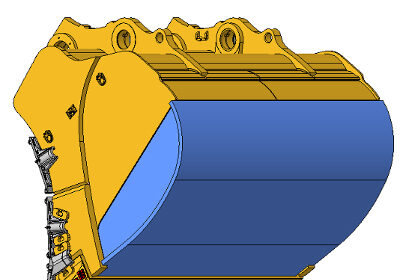 Cat hydraulic shovel bucket with replaceable basket indicated in blue