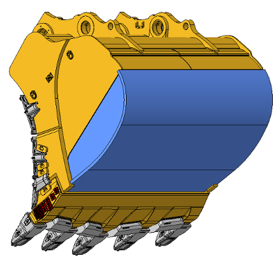 Cat hydraulic shovel bucket with replaceable basket indicated in blue