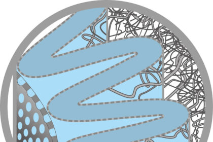 A cross-section showing the stainless steel core or cage, with flow holes, on the left; the glass microfibres in the centre where the coalescing takes place; and, on the right, the drainage layer, incorporating fine inter-pleat fibres, where the processed liquid drains down.