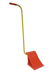The user no longer has to bend over to place the chock under the vehicle