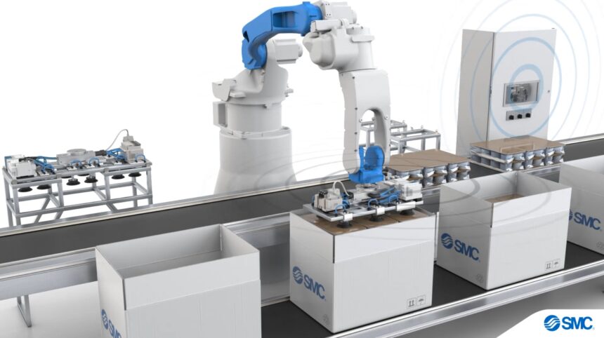 Robot in a packaging application with wireless communication to ensure reliable serial communication and flexibility when changing the end-of-arm tool. Image via SMC.