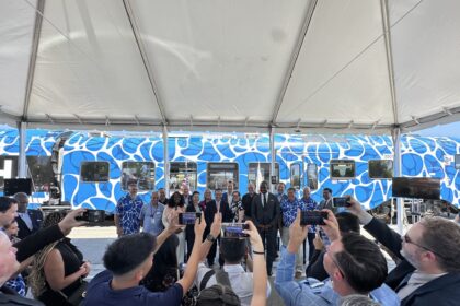 A photo of the announcement of the new hydrogen train