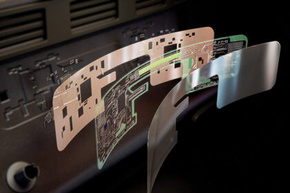 Multi-layer Flexi-hibrid circuit assembly, sealed and bonded to inner form of moulded shield