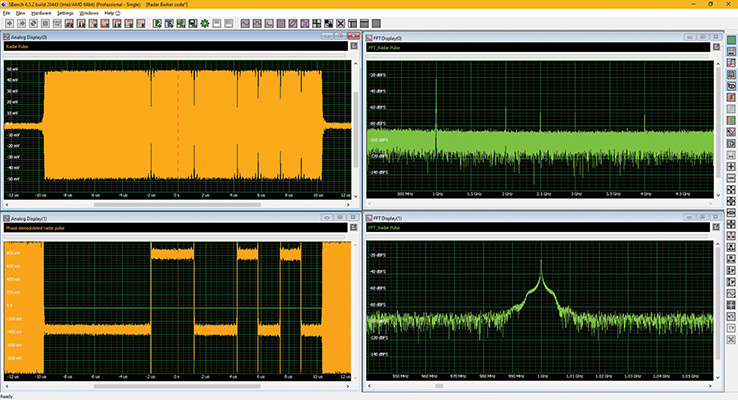 A simulated 1GHz phase modulated radar pulse (upper left) generated with the new ultrafast M5i.63xx AWG. Also visible: The demodulated phase information (bottom left), the frequency spectrum of the pulse (upper right) and a horizontally expanded view of the spectrum (lower right)