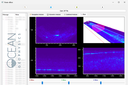 A software screenshot displaying processed seabed data, image via Ocean Geophysics
