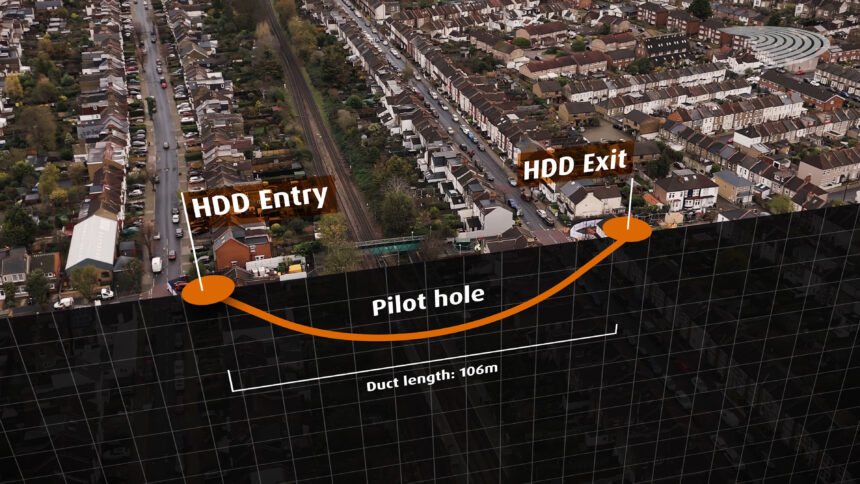 the route of the horizontal directional drill underneath the rail and tram tracks in south London